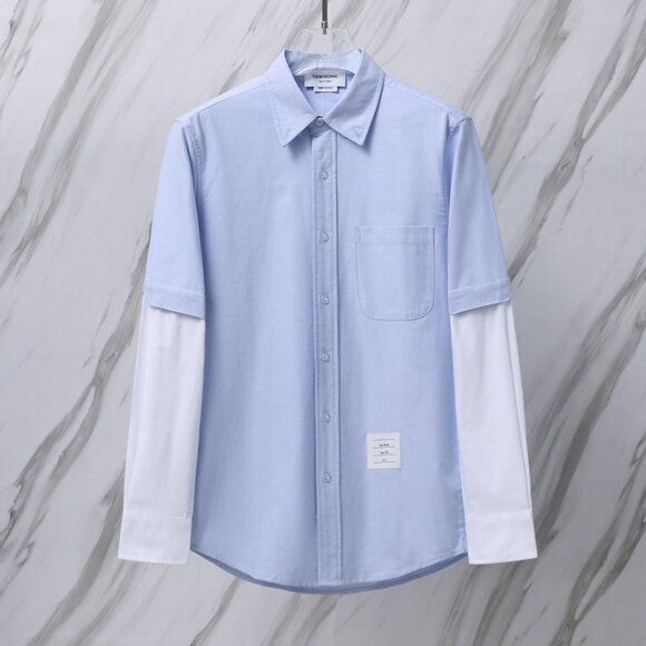 Thom Browne blue and white patchwork long-sleeved shirt